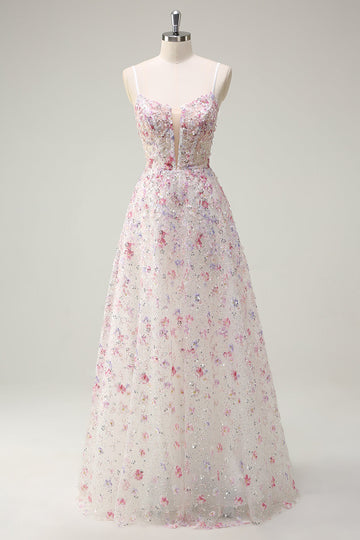 Pink A Line Spaghetti stropper Floral Beaded Prom Kjole